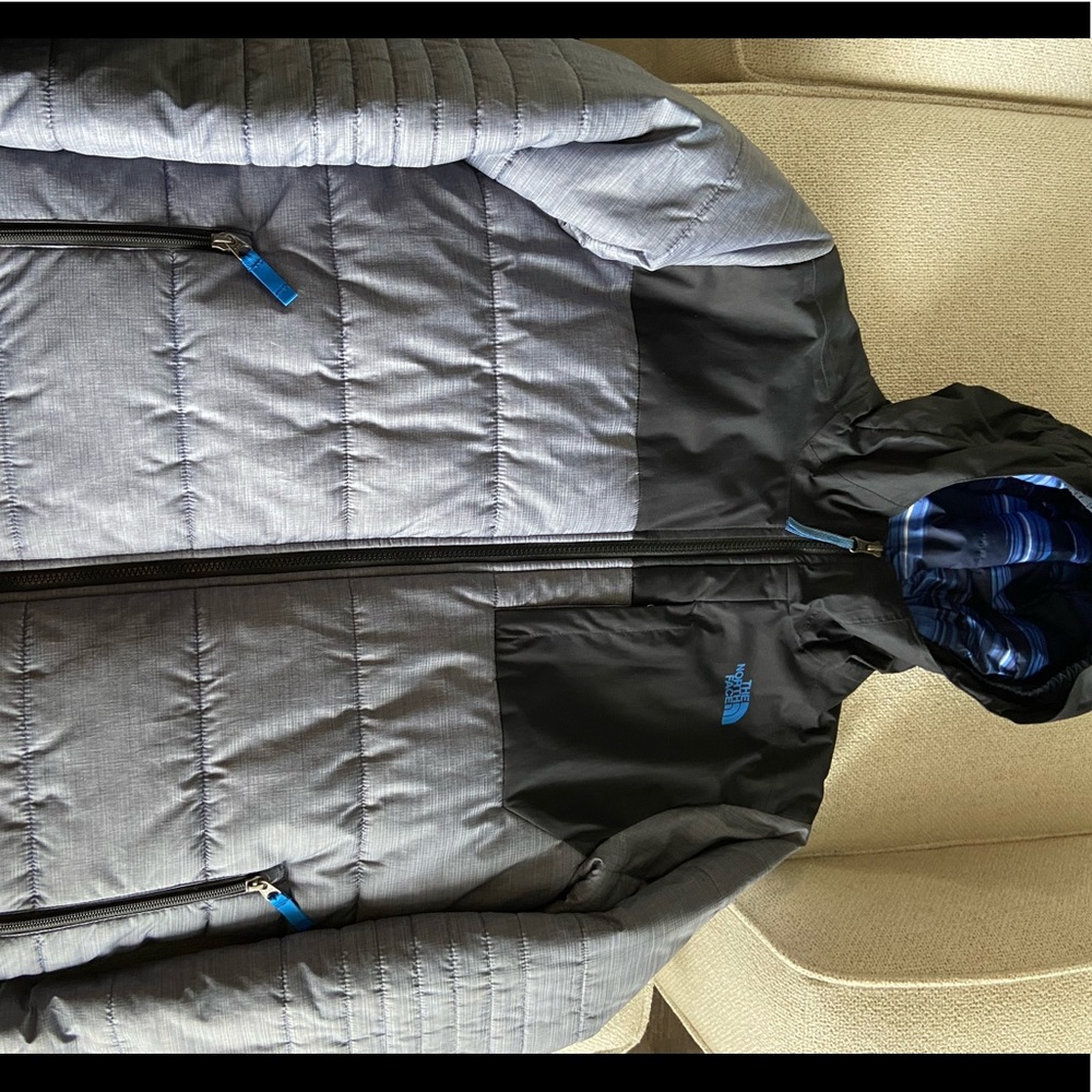 Boys North Face jackets in blue/gray, XL. Gently worn.